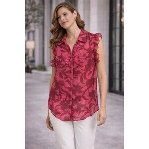 MISA‎ Los Angeles Floral Ruffle Sleeveless Blouse Pink Size M Made In USA